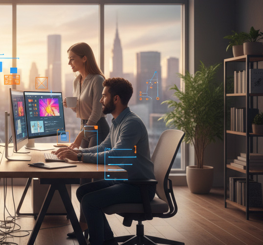 A man working from the computer, and a woman standing next